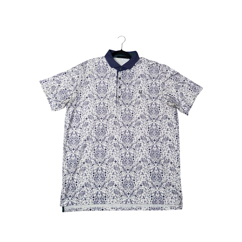 Greyson Polo Shirt Mens XL White Navy Wolf Owl Print Good Short Sleeve‎ Golf